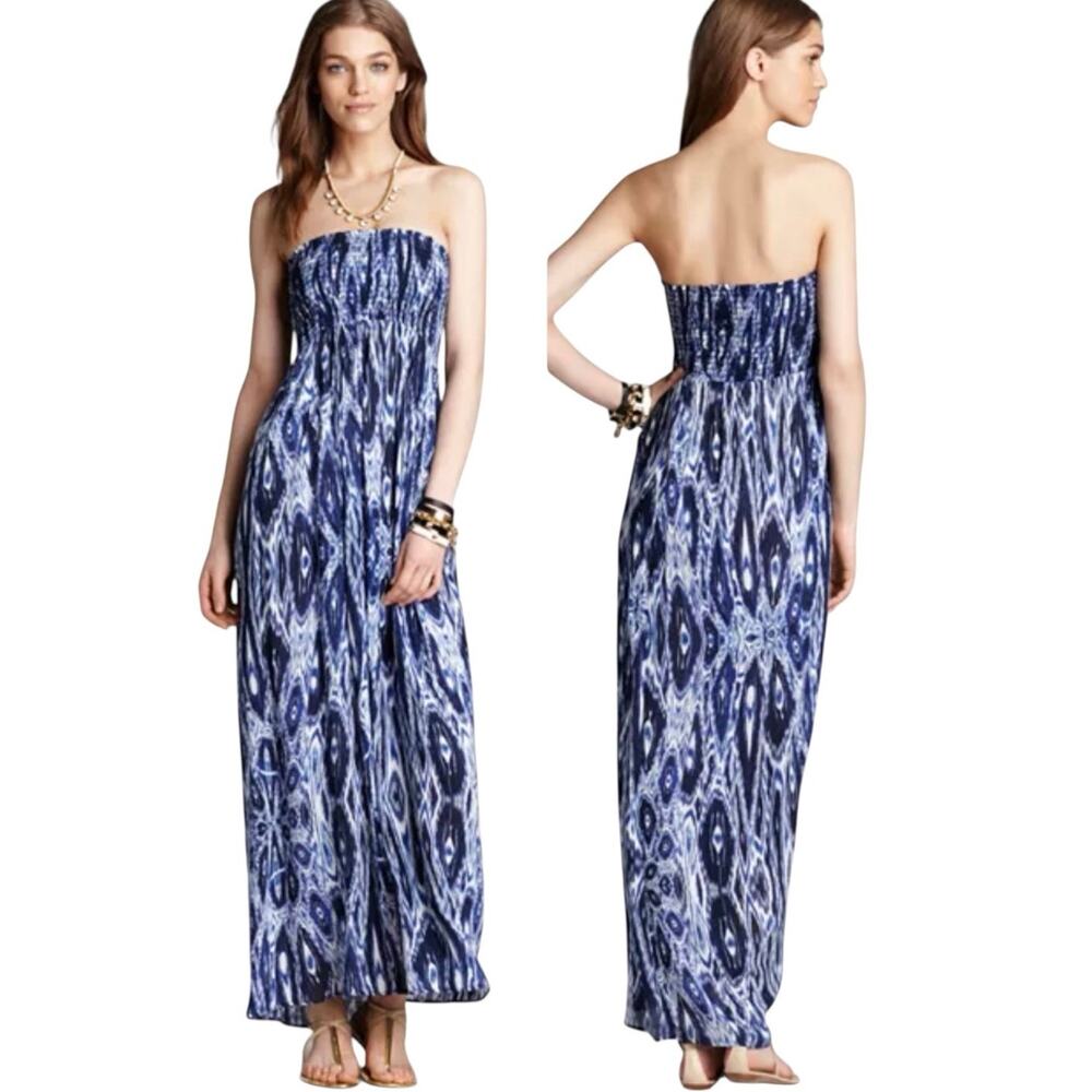 NEW VELVET BY GRAHAM & SPENCER Blue Ikat Print Strapless Maxi Dress Size Large